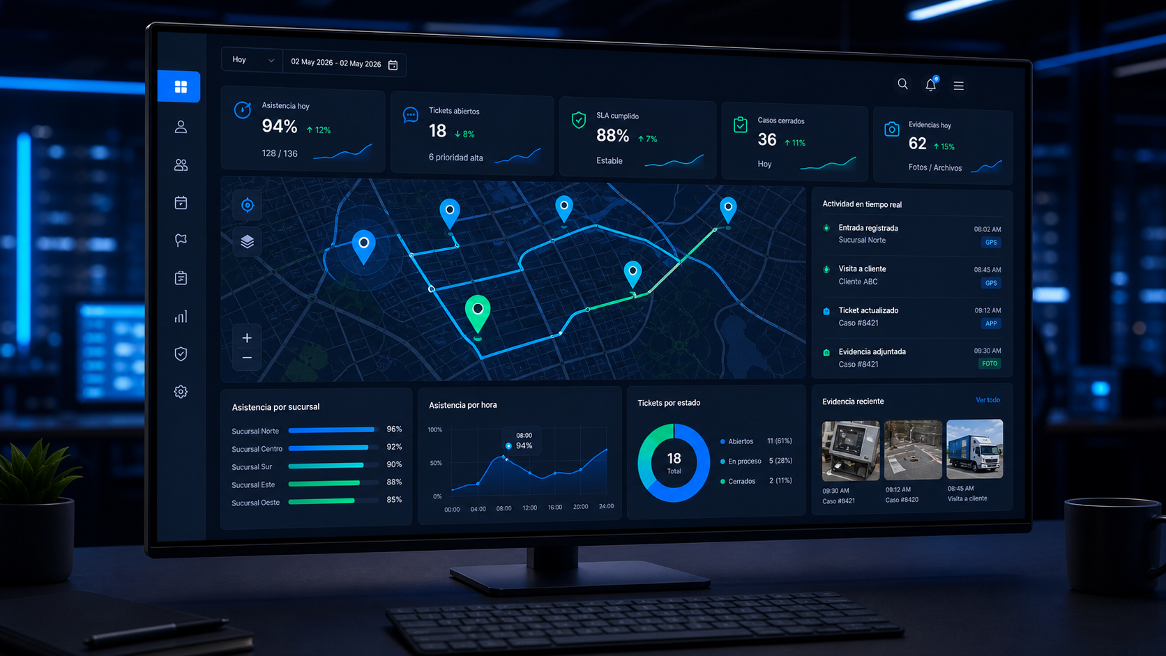 Mapa operativo con rutas, ubicaciones GPS y control de campo