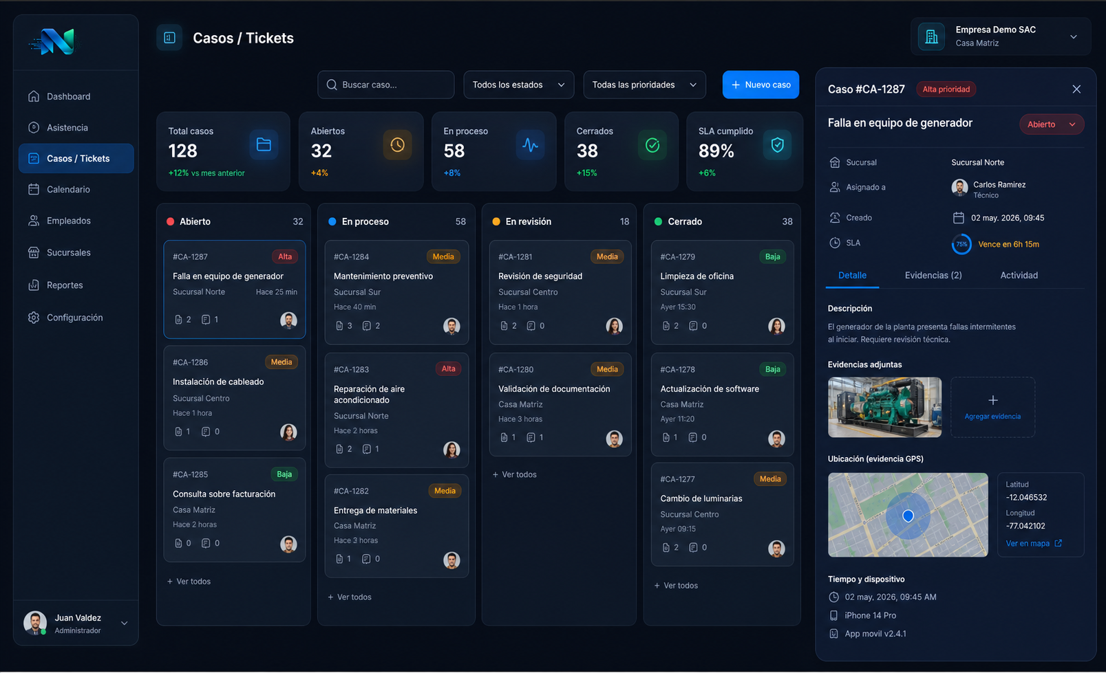 Pantalla de tickets operativos con estados, prioridades, SLA y evidencia